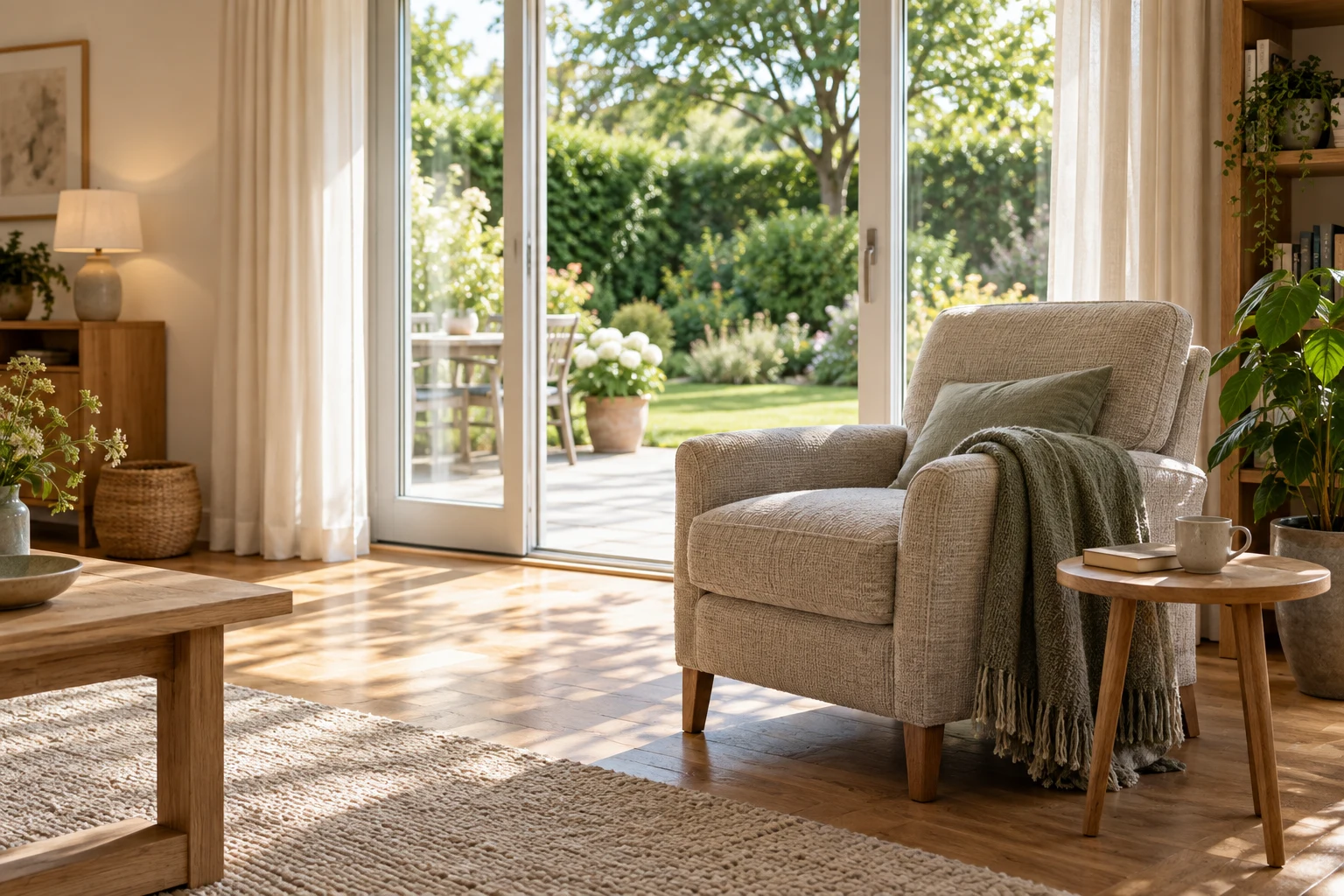 Gemütlicher Sessel in einem hellen Wohnzimmer mit Blick in einen Garten